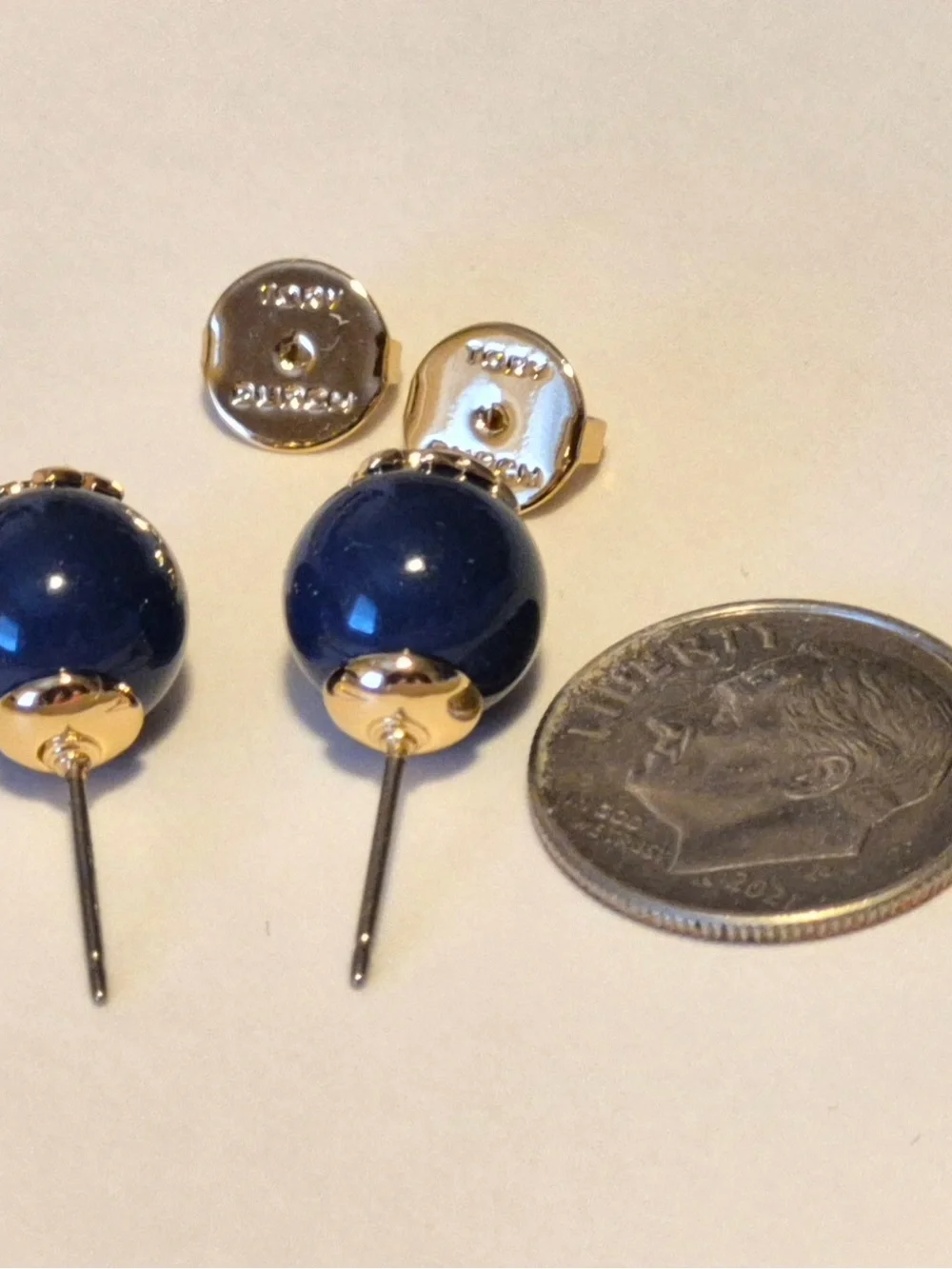 Tory Burch Navy Resin Logo Stud Earrings with Gold Tone Emblem
